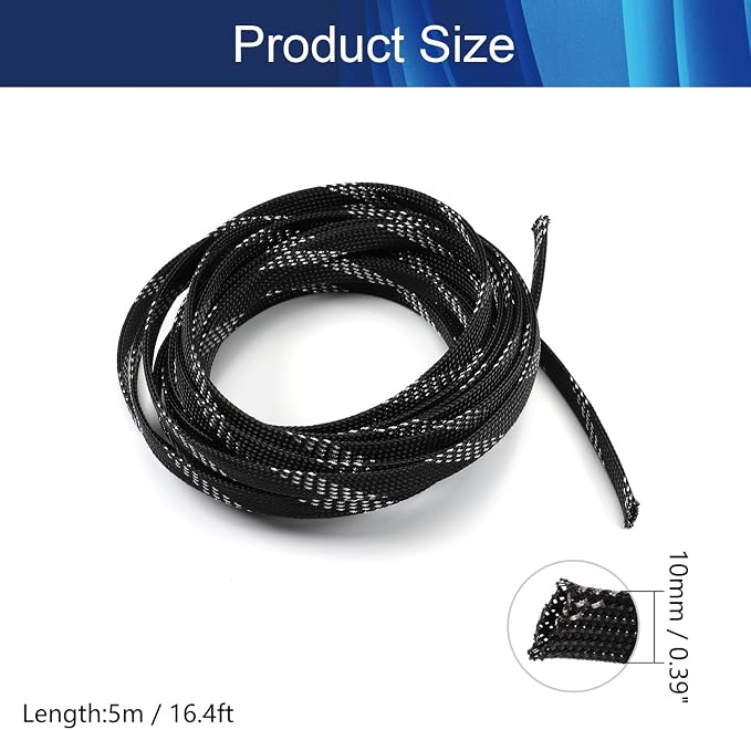 Jutagoss PET Expandable Braided Cable Sleeve, 16.4ft - 3/8 inch Black Silver Cable Management Sleeve, Wire Loom Tube Cord Protector for USB Cable, Power Cord, Audio Video and More, 1Pc
