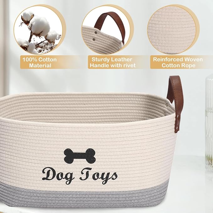Large Dog Toy Basket, 100% Cotton Rope Dog Toy Storage Bin-Beige ﻿ ﻿ | Dog Toy Box for Livingroom Area with Handle for organizing Pet toys,Blankets,Leashes,Pee Mats and Diapers-16.5"x10.6"x 7.5"