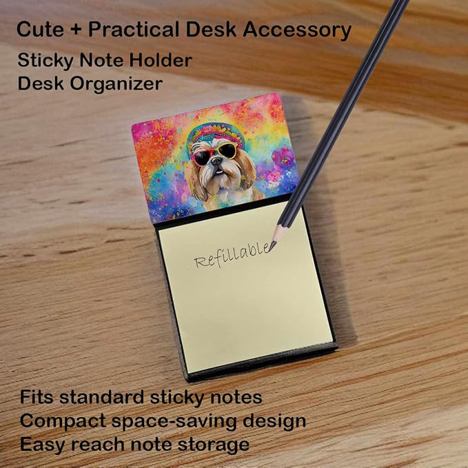 Caroline's Treasures Shih Tzu Hippie Dawg Sticky Note Holder Refillable Dispenser Self-Sticky Note Pads, Memo Pads Blank Desk Accessories