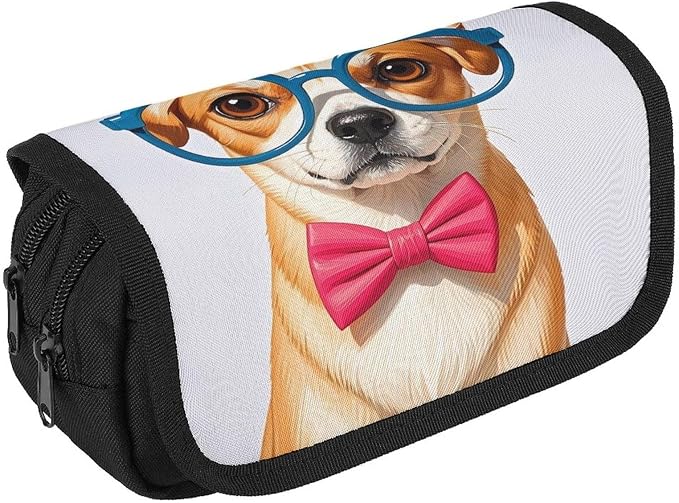 Pencil Bag Pet Dog Soft Bow Tie, Oversized Glasses Pencil Pouch Large Capacity Pen Box Double Zipper Storage Bag 2 Compartments Portable Multifunctional Bag Desk Organizer Pen Case