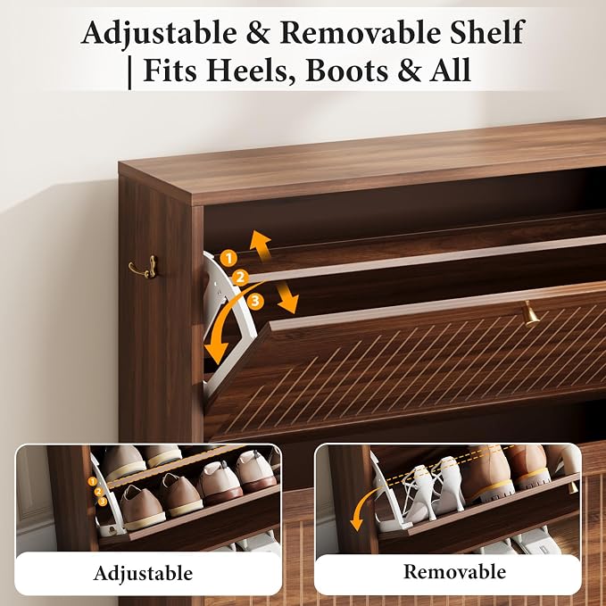 Arch-Chic Shoe Cabinet for Entryway, Modern Mid-Century Shoe Storage Cabinet with Fluted, Narrow Shoe Rack with Adjustable Shelves & Tipping Protection, Fits Size 12+ Shoes,Luminous Walnut