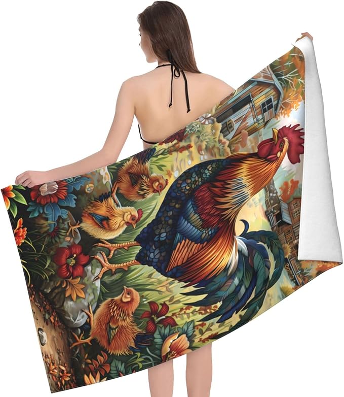 Farm Rooster Beach Towel 31inx51in, Chicken Sand-Free Microfiber Bath Towel Ultra Soft Quick Dry Pool Towel Absorbent Towel Lightweight Towel for Swimming Bathroom Decor