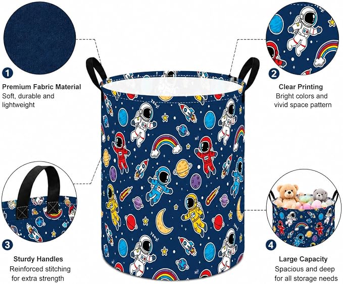 MAIZMZ Kids Storage Bin Astronaut Space Hamper,15.7" D x 19.7" H Waterproof Linen Laundry Basket with Leather Handles for Boys Room, Gifts