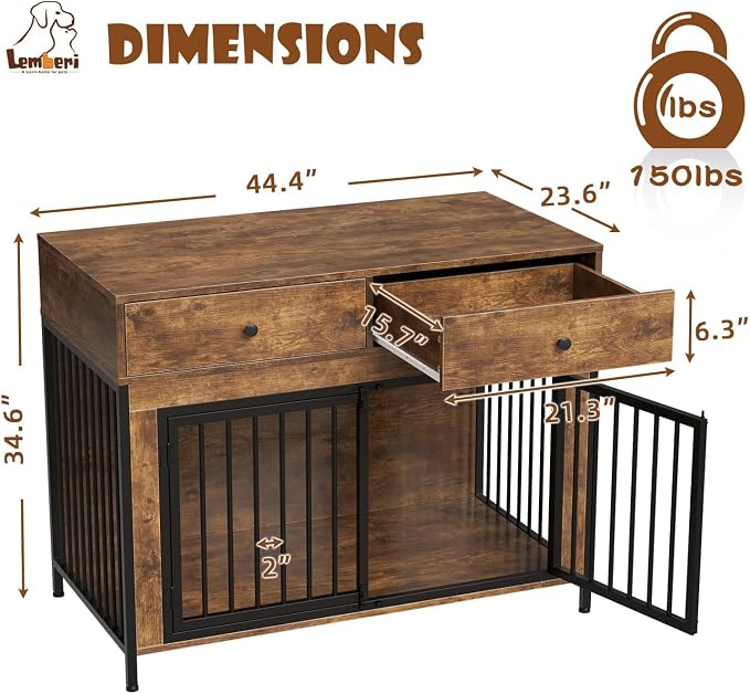 LEMBERI 44 Inch Large Wooden Dog Crate Furniture with 2 Storage Drawers, Decorative End Table Style Indoor Pet House for Dogs, Brown