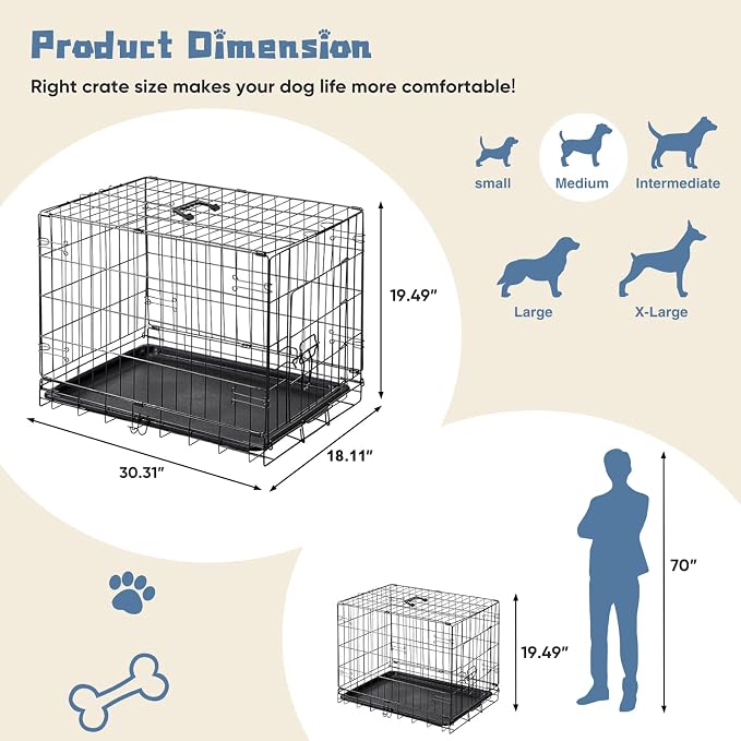 DUMOS 30 Inch Dog Crate, Foldable Puppy Small Medium Dog Cage Pet Kennel | Single Door Metal Wire, Plastic Leak-Proof Pan Tray, Portable Indoor Outdoor Training Travel