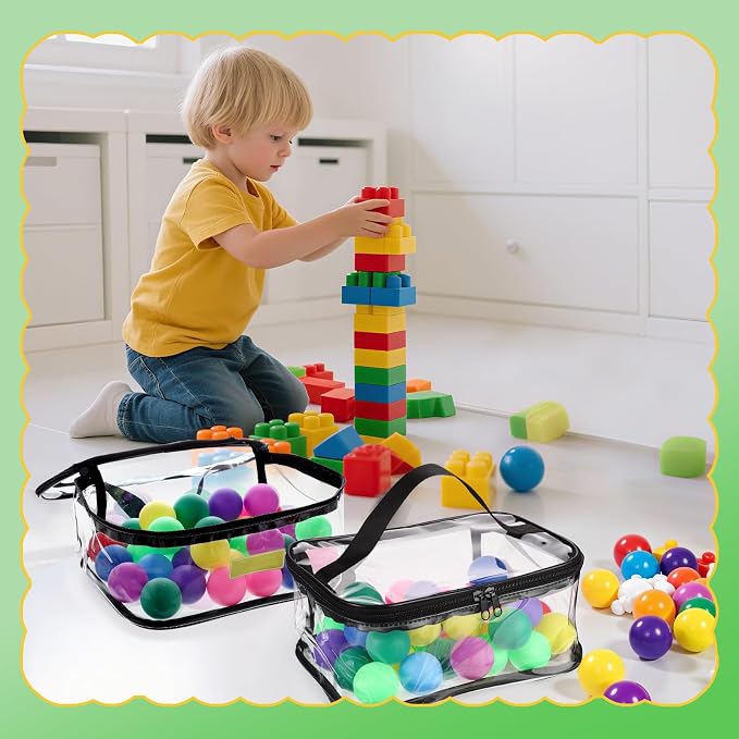 6 Pack Clear Toy Storage Bags, PVC Waterproof Toy Organizer, Black | Waterproof PVC, Transparent View, Reusable Zip Bags, Label Tags, for Blocks, Puzzles, Board Games, Travel and Home Storage