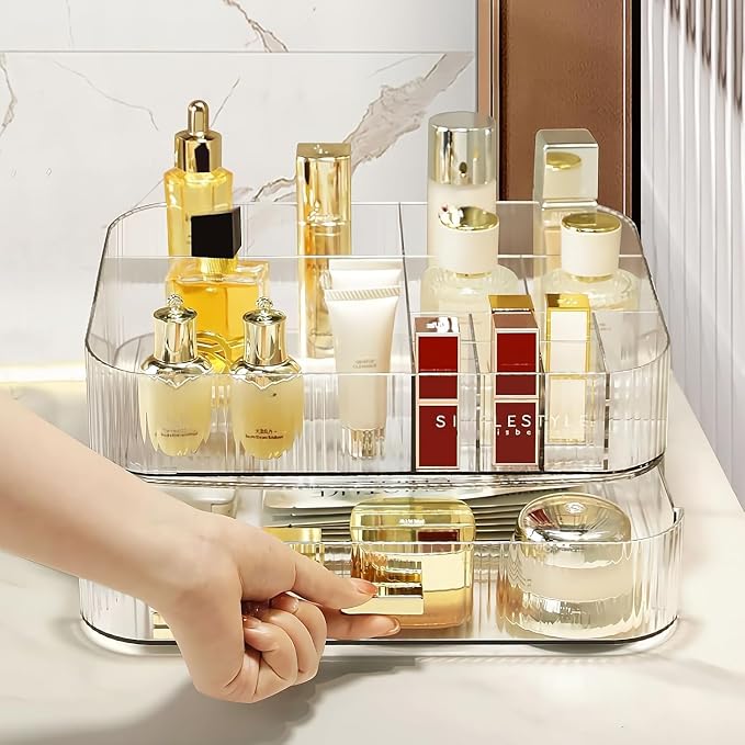 Clear Makeup Organizer for Vanity, Large Desk Organizer with Stackable Drawer for Cosmetics, Skincare, Lipsticks, Palette, Nail Care, Ideal Storage for Dresser and Bathroom Countertop