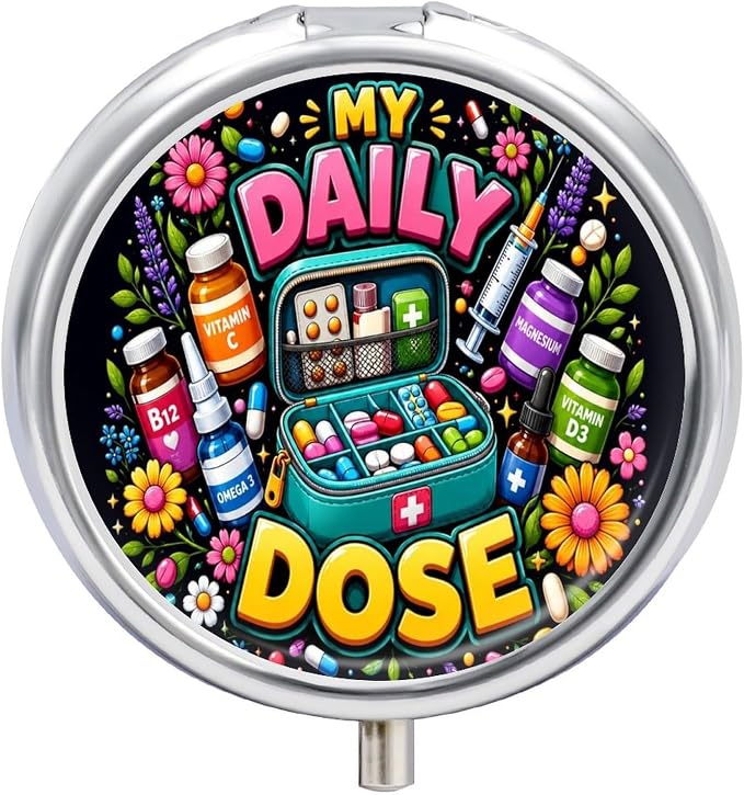 Daily Dose Vitamins Supplements Health Care Round Pill Box with 3 Compartments, Portable Travel Pill Organizer with Spring Snap Closure for Vitamins Supplements Fish Oil