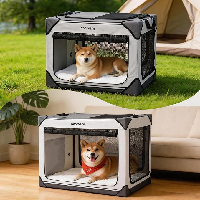 Collapsible Soft Dog Crate 30 Inch, Portable Travel Pet Crate for Medium Dogs with 4-Door Mesh, Medium Dog Kennel Indoor & Outdoor, Light Grey