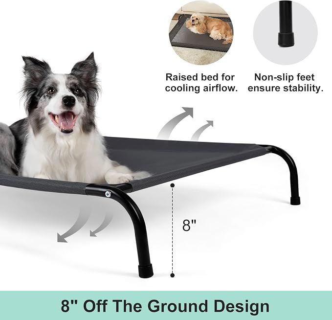 Cooling Elevated Dog Bed for Extra Large Dogs with Non-Slip Floor Protectors & Breathable Mesh, XL Raised Indoor & Outdoor Dog Cot Hammock, 54" L x 35" W x 8" Th, X-Large, Grey