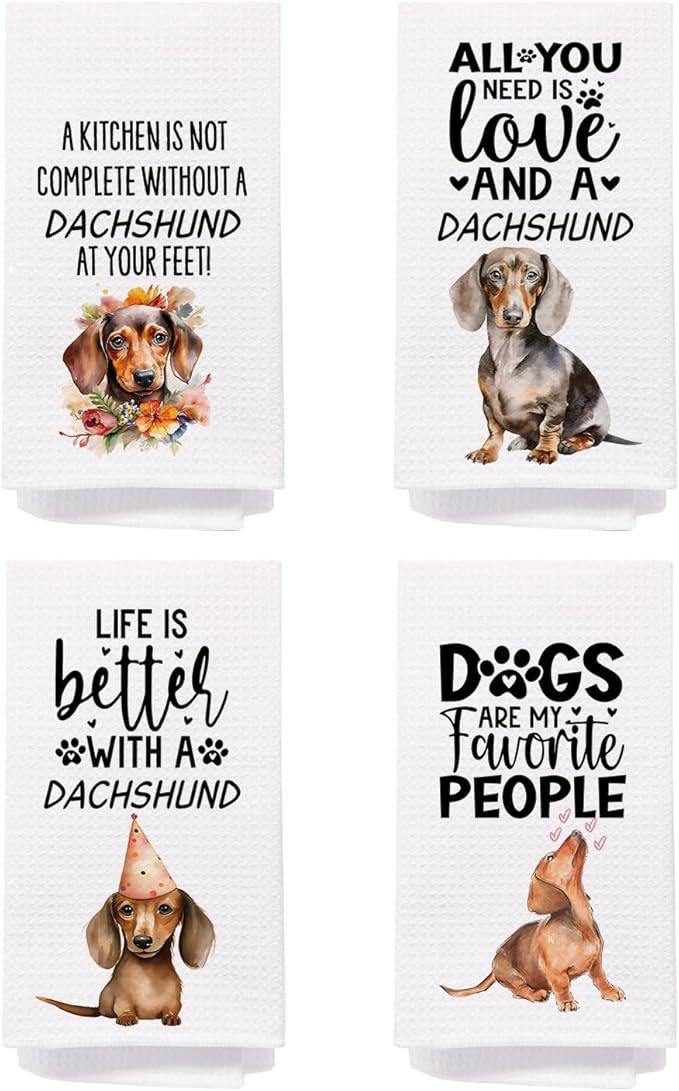 SPBL&L Dachshund Decor Kitchen Towels Set of 4, Dachshund Gifts for Women, Weiner Dog Hand Dish Towels for Kitchen Bathroom Decor, 16x24 Inches