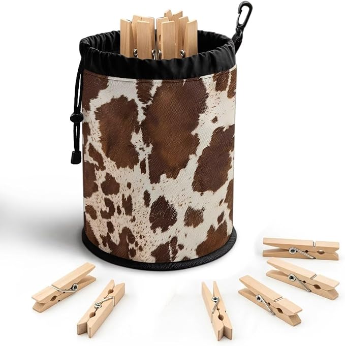 Cow Print Clothespin Bag with Hanging Hook for Clothesline Outdoor Summer Laundry Clothes Pin Holder Portable Pin Storage Organizer for Home Balcony Travel