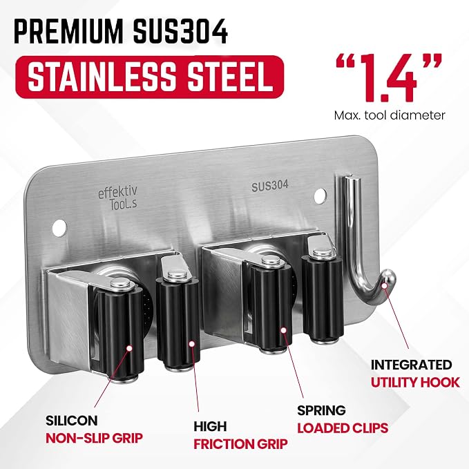 2 Pack Wall Mount Hanger for Brooms & Mops - Heavy Duty Adhesive Stainless Steel Utility Holder for Mops & Brooms, 2 Clamps, 1 Hook, & 4 Towel Hangers for Cleaning Organization & Storage