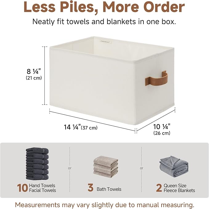 StorageWorks Closet Storage Bins with PU Handles, Ivory White, Large | Closet Organizers and Storage Bins, Foldable Shelf Baskets, Clothes Storage Basket for Organization