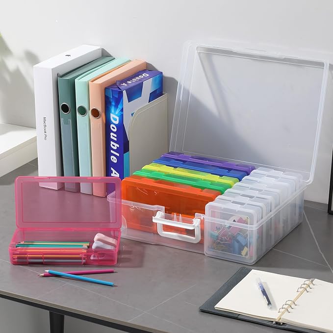 Plastic Storage Box Arts Plastic Container (6Medium Color+ 6Small Clear) | Multifunctional Design,Stackable,Clear,Versatile Organization,Space-Saving,Durable,Dust Protection