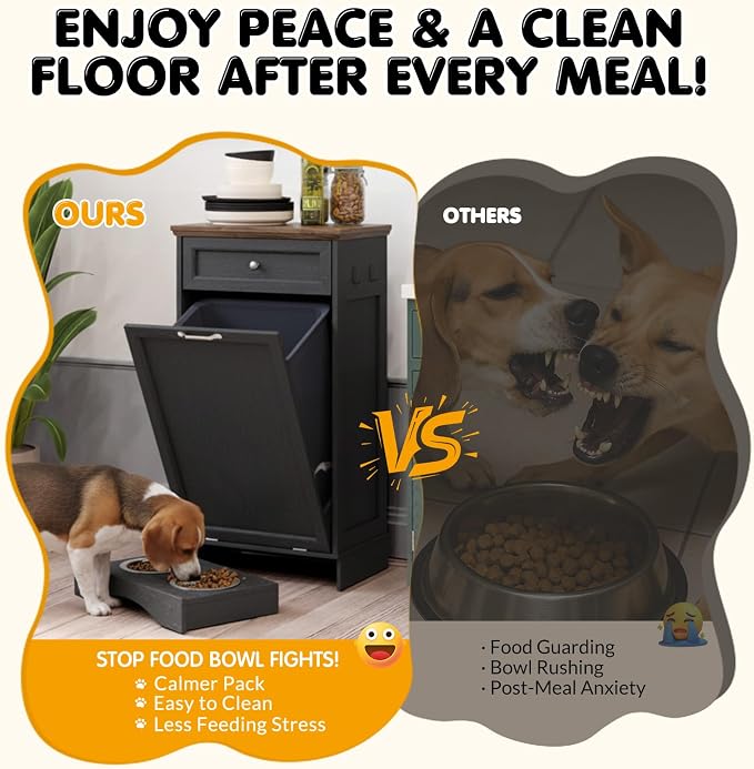 Tilt Out Trash Can Cabinet with Dog Bowl, 10 Gallons Dog Feeding Station with Storage, Dog Food Cabinet with Hideaway Drawer for Kitchen, Living Room,Laundry Room