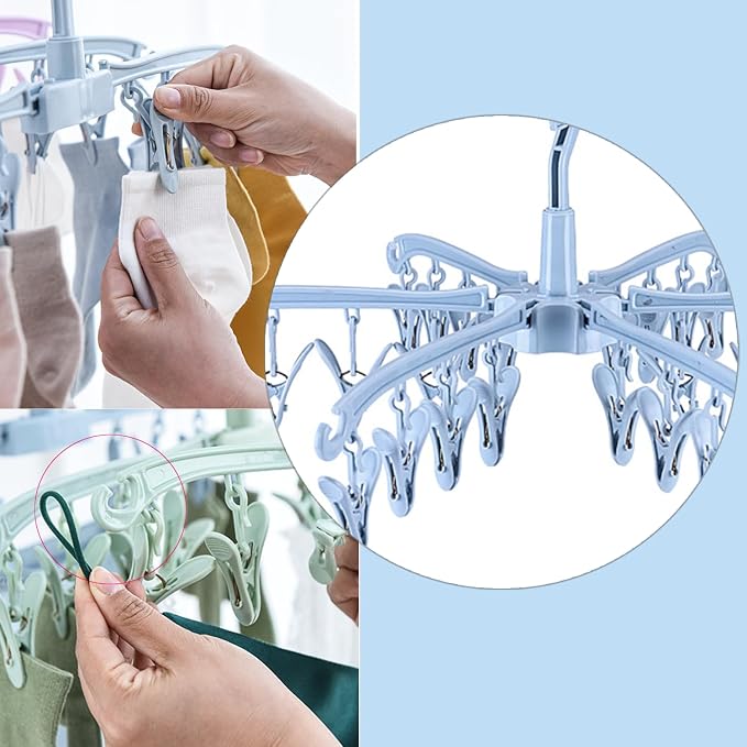 Clothes Sock Drying Hanger with 24 Clips,Foldable Hanging Rack | for Drying Socks Lingerie Baby Clothes Drying Towels Rotatable Sock Drying Rack with 24 Pegs Clips(blue)