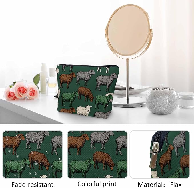 Women Cosmetic Bag Sheep, Farm Animal Sheep Cute Makeup Bag For Purse Cosmetic Travel Bag For Toiletries Makeup Storage Bag Flax Skincare Bag Make Up Pouch Bags Green