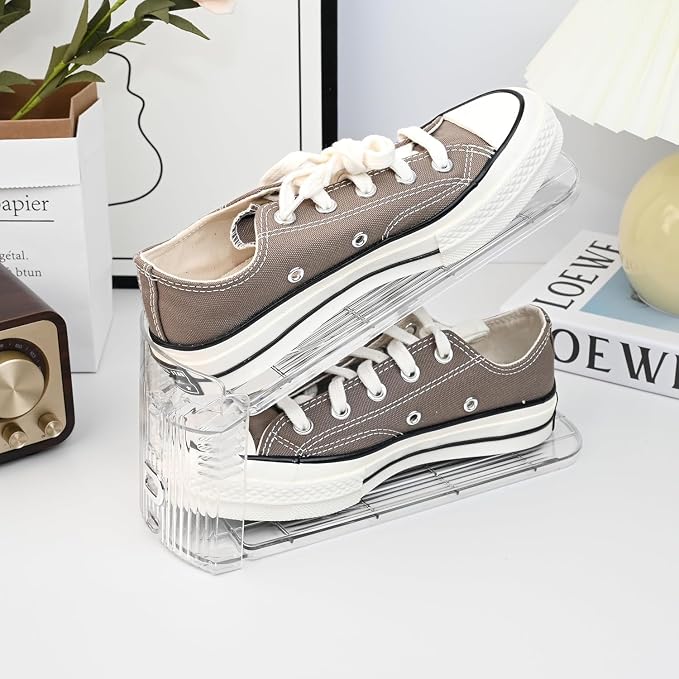 30-Pack Adjustable Shoe Slots Organizer for Closet, Clear | 30 transparent PET shoe stackers organize up to 30 pairs; 3 adjustable height levels for sneakers, heels, and flats.