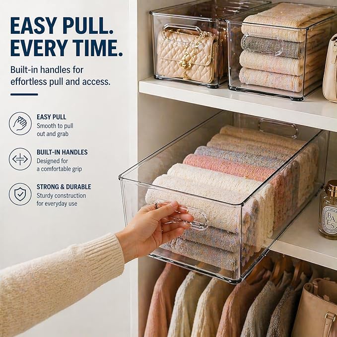 MOONEDGE 6 Pack Clear Organizer Bins 11x8x6in Pantry Organizers and Storage | Clear Containers for Organizing, Plastic Storage Bins with Handles for Drawer, Craft, Fridge, Kitchen Cabinet Shelf