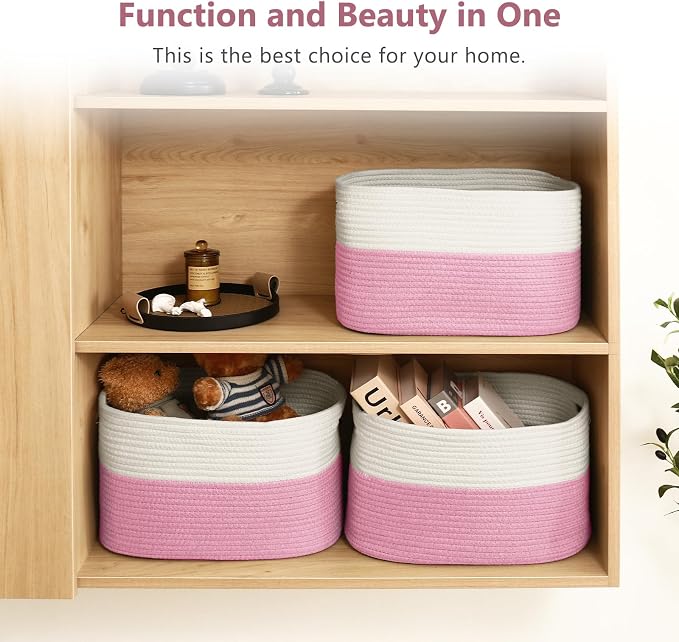 ECDYQXVU 15x10x9 Inch Woven Cotton Rope Storage Basket, 2 Pack | Foldable Design, Built-in Handles, Space-saving Organizer for Living Room, Bedroom, Laundry, Shelves, Clothes, Towels
