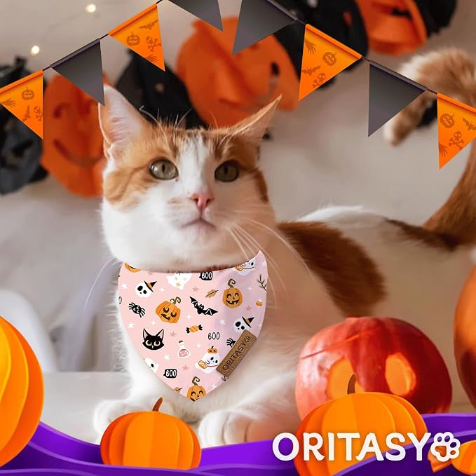 Pink Halloween Dog Bandanas, Cute Ghost 2-Pack Triangle Reversible Pet Scarves, Premium Fabric, Pumpkin Bandana for All Boys Girls Dogs (X-Large, Style 3)