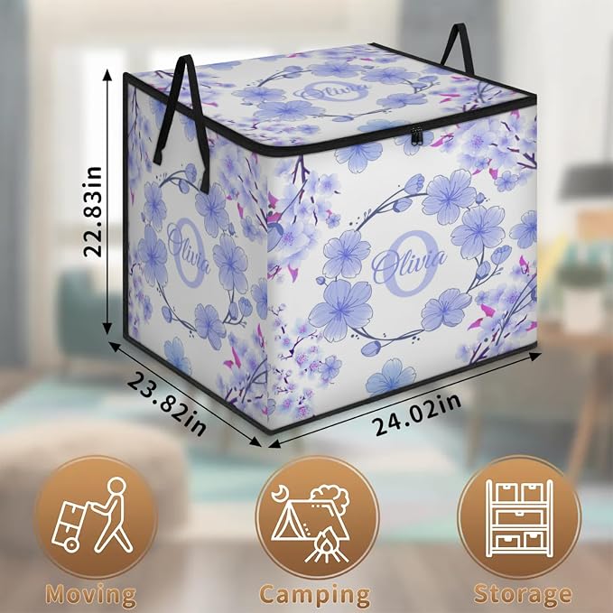 Custom Name Storage Bin with Lid, Personalized Extra Large Watercolor Blue Cherry Blossom Storage Basket with Handles Zippers for Comforters, Blankets, Bedding Closet Shelf Baskets, Initial Letter