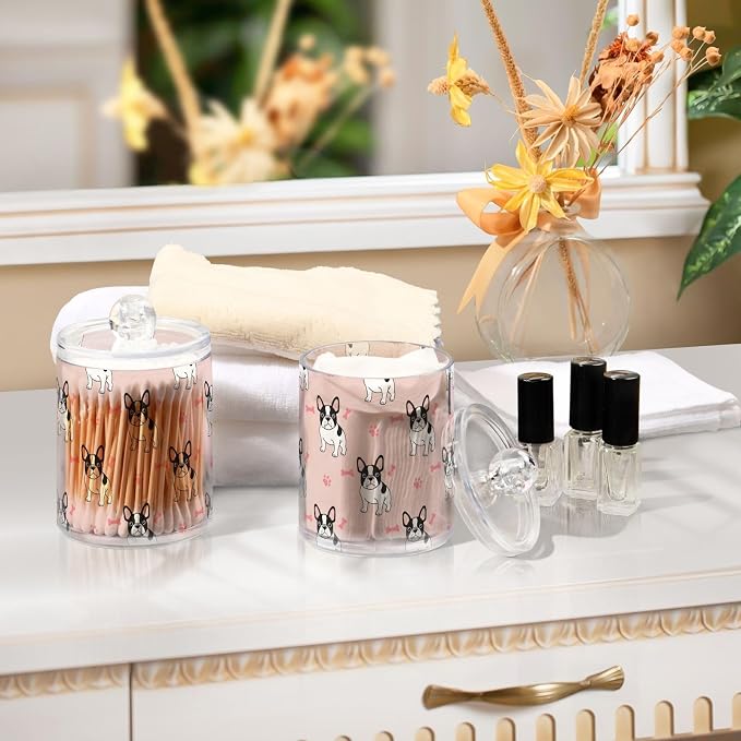 DOMIKING 2 Pack Plastic Cotton Swab Ball Pad Holder Dog Pink Pets Print Jars Bathroom Storage Organizer Bathroom Jars with Lid for Cotton Rounds Floss Picks Hair Accessories