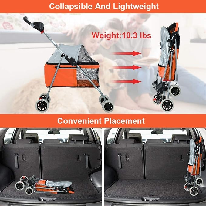 HGS Pet Cat Dog Stroller 4 Wheels Jogger Puppy Travel Carrier Portable Doggie Cage Strolling Cart with Cup Holders, 35Lbs Capacity Folding Waterproof Strolling Cart for Medium Dogs Cats Pet, Orange