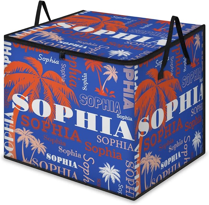 Personalized Summer Palm Trees Storage Bags with Lid Large Blanket Clothes Organization Storage Containers for Comforters,Bedding, Foldable Organizer, Orange White Names Navy Blue Background