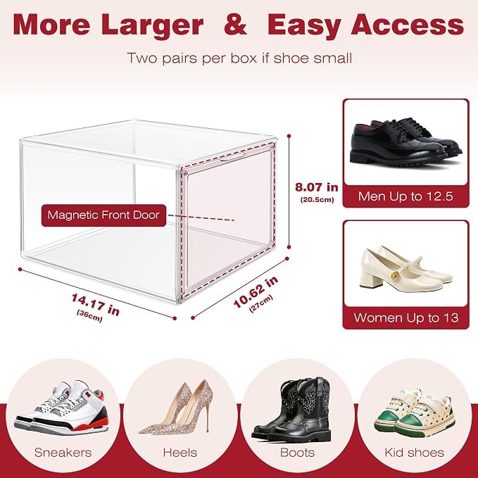 12 Pack Clear Shoe Storage Boxes Stackable, Large Sneaker Organizer | Acrylic Magnetic Door, Plastic Drop Front Shoe Containers for Men up to Size 12.5, Transparent Shoe Organizer for Closet