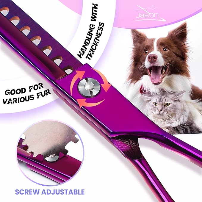 JASON Dog Grooming Scissors Kit, Professional 7 in 1 Dog Scissors Sharp Shears Set - Straight, Thinning, Chunker, Curved Shears and Comb for Long Short Hair for Dog Cat Pet Christmas Gift