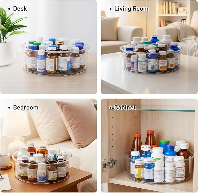 Medicine Bottle Organizer, Rotating Medicine Organizer for Cabinet, 11.98" Diameter, Large Capacity Transparent Pill Bottle Storage for Vitamin Pantry Countertop