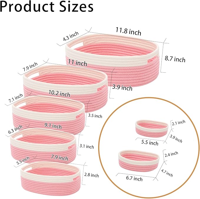 7 Piece Cotton Rope Woven Basket Set - Small Basket for Baby Nursery, Pets, Montessori, Dog & Cat Toy Boxes, Bathroom Organization Bins (White/Pink)