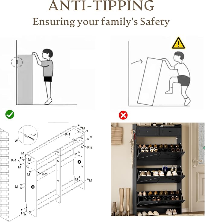 BORNOON Shoe Storage Cabinet for Entryway, Farmhouse Narrow Shoe Cabinet with 3 Flip Drawers & 2 Top Drawers, Adjustable Shelves & Hooks, Freestanding Hidden Rack Organizer for Hallway, Foyer
