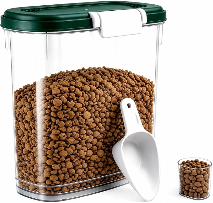 Airtight Dog Cat Food Storage Container 10 Lbs, Slim Tall Pet Food Bin | Pet Food Treat Container with Lid, Scoop and Cup, Clear Plastic Dry Food Storage Bin for Dog, Cat, Bird Seed, Kibble, Pellet