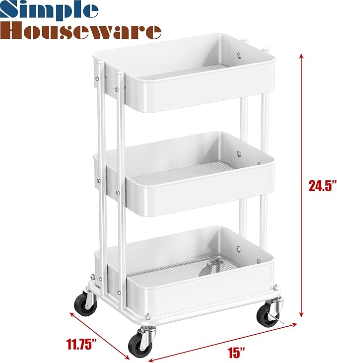 Simple Houseware 3-Tier Utility Cart, Low 24" Height Fits Under Desk, White | Compact & Lower Height Great for Under-Desk Space-Saving Storage for Home Office, Dining Room, or Kitchen