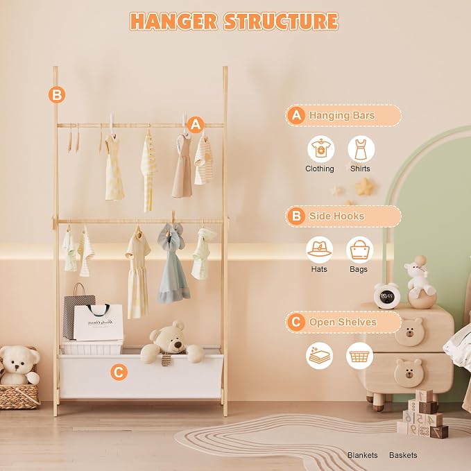 HedoAjim Kids Clothing Rack Dress Up Storage Shelf Closet for Girls Pet Coat Baby Garment Wardrobe Toddler Costume Closet Organizer Hanging Clothes with Double Hanging Rod Wood Nursery