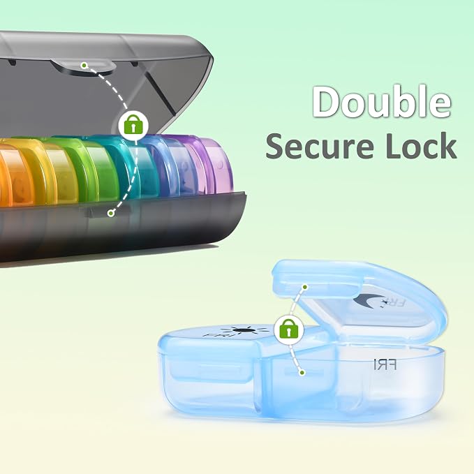 Fullicon Large Medicine Pill Organizer 2 Times a Day, AM PM 7 Day Travel | Each Compartment Holds 6 Fish Oils or 10 Vitamins, One Finger Open Lid, Double Secure Lock, Sturdy Hinges, Black Rainbow