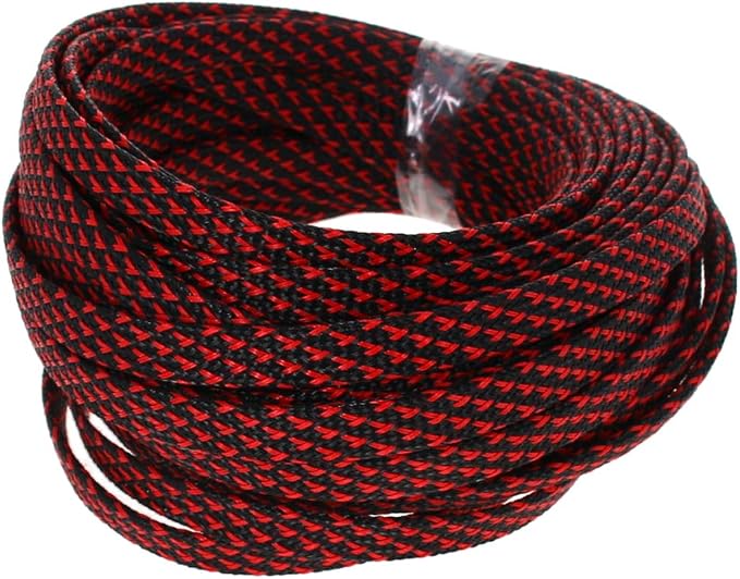 Heyiarbeit 10m/32.8ft PET Expandable Braided Sleeving 3/8-inch Width Flexible Wire Mesh Sleeve for USB Cable Power Cord Audio Video Cable - Protect Cat from Chewing Cords - Black Red