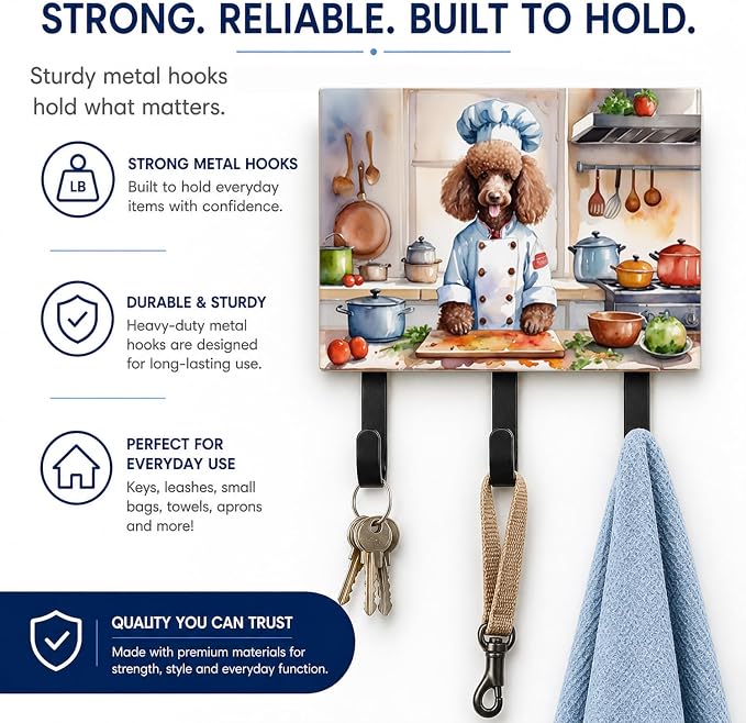 Caroline's Treasures Chocolate Poodle The Chef Leash or Key Holder Wall Hooks, Key Hooks Holder, Coat Rack Wall Mount, Coat Hooks, Hooks for Hanging Keys, Towels, Aprons, Leashes | Chocolate Poodle The Chef artwork on ceramic tile with three steel hook...