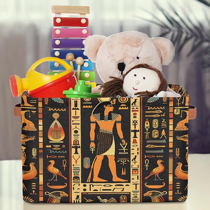 Egyptian Writing People Cube Storage Bins for Shelves, 15x11x9.5 inch Fabric Closet Organizers with PU Leather Handles, Foldable Toy Storage Baskets for Bedroom, Playroom