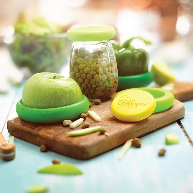 Food Huggers 5pc Reusable Silicone Food Savers | BPA Free | Plastic Free Food Storage | Dishwasher Safe | Fruit & Vegetable Storage for Onion, Tomato, Lemon, Banana & Cans | Round, Fresh Greens