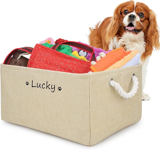 Personalized Dog Toy Storage Basket Bin, Customized Pet's Name Storage, Collapsible Organizer Box for Dog Toys, Clothing, Apparel & Accessories, Beige, Medium