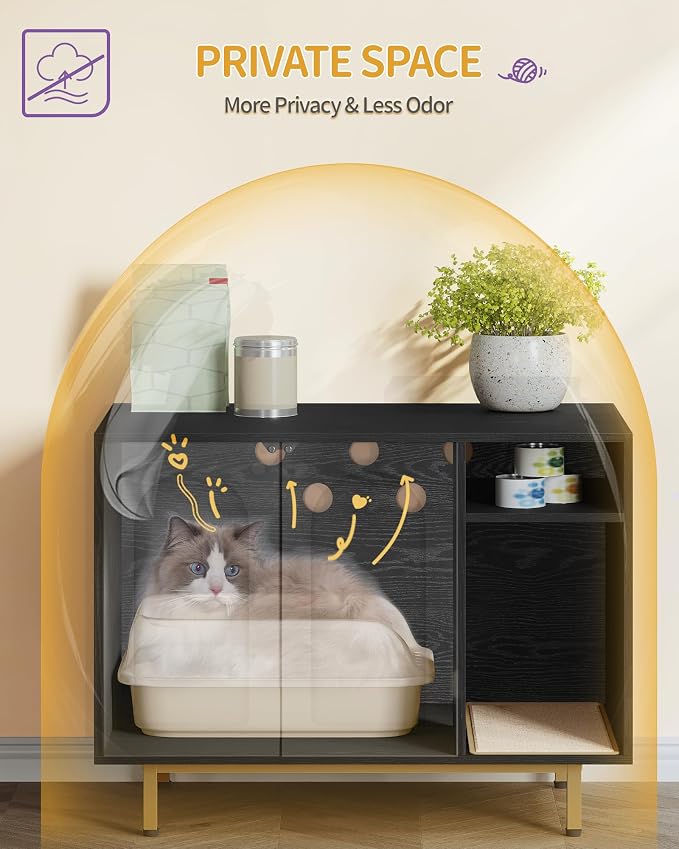 Hzuaneri Cat Litter Box Enclosure, Hidden Litter Box Furniture with Storage | Large Wooden Cabinet with Sisal Mat, Modern Cat Washroom for Living Room, Bedroom, Entryway, Black and Gold CB01504G