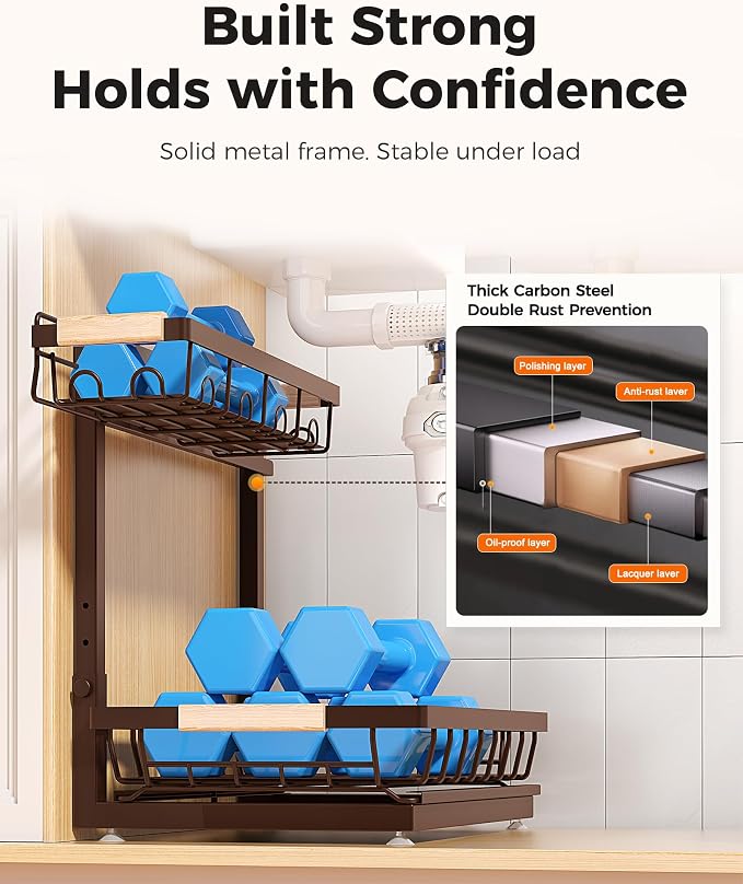 2-Pack 2-Tier Height Adjustable Under Sink Organizer & Storage | Multi-purpose storage for kitchen & bathroom cabinet. Extra Large brown shelf, height adjustable design for space-saving.