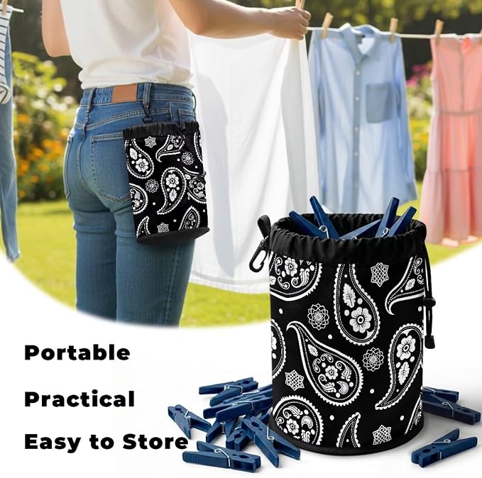 Paisley Pattern Clothespin Storage Bag, Drawstring Laundry Peg Organizer Pouch with Hanging Grommet, Portable Clips Holder for Drying Rack, Camping, RV & Dorm Use