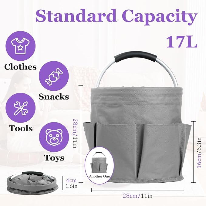 2Pcs 17L Foldable Cleaning Caddy Tote with Handle for Camping, Dark Gray | IHOMAGIC Cleaner Caddy Organizer with 6-Pocket, Portable Shower Caddy, Tool Bag Bucket Organizer for Garden, Dorm, Household
