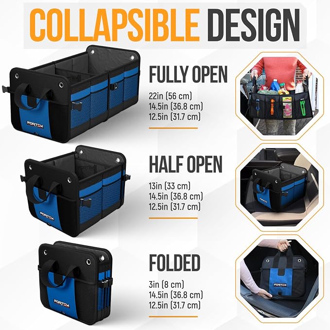 FORTEM Trunk Organizer - Collapsible Car Organizer & Storage Bag for SUVs | Car Accessories for Men & Women, Cooler Bag, Non Slip Bottom, Straps, Soft Cover, 1680D Oxford, 3 Compartments, Blue, 50L