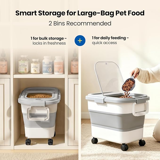 Dog Food Storage Container 15-25lbs, Airtight Pet Food Bin with Locking Lid & Clear Window, Collapsible Rolling Storage Container with Wheels & Scoop, Gray